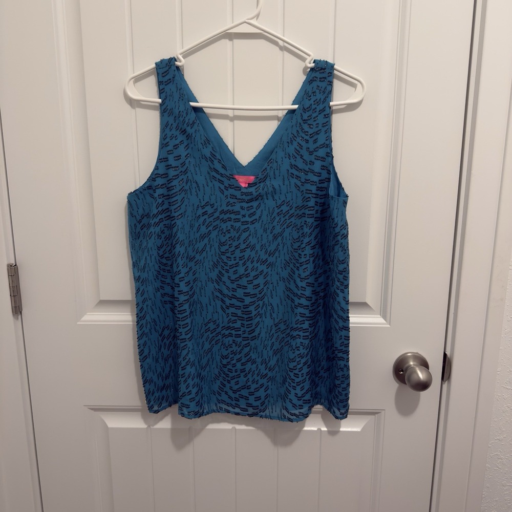 Lilly Pulitzer Teal Blue Eyelash Metallic Shimmer V-Neck Sleeveless Top Small